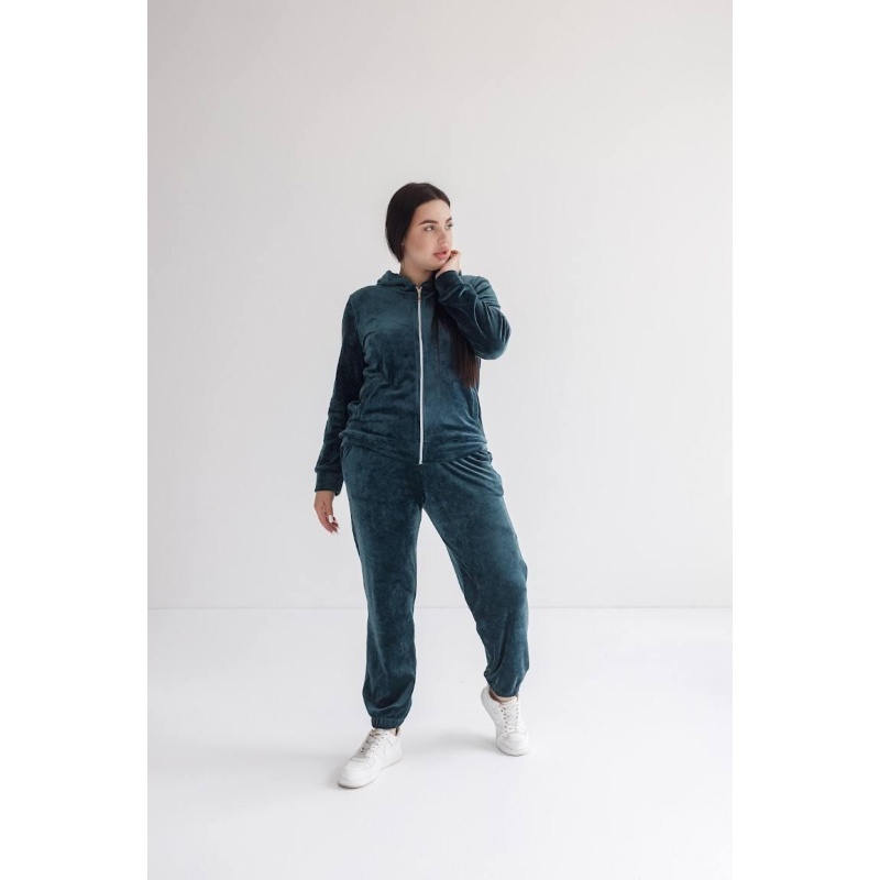 Жіночий велюровий костюм на змійці з капюшоном Смарагдовий, XL