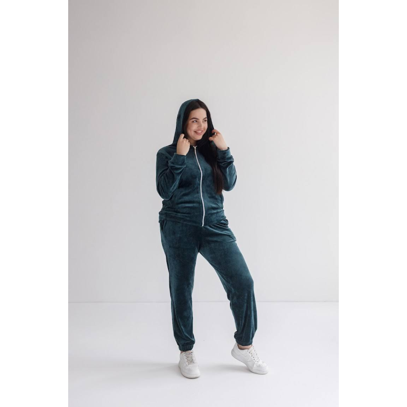 Жіночий велюровий костюм на змійці з капюшоном Смарагдовий, XXL