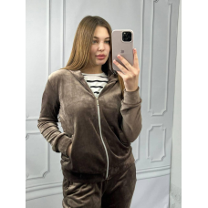 Жіночий велюровий костюм на змійці з капюшоном Коричневий, XXL