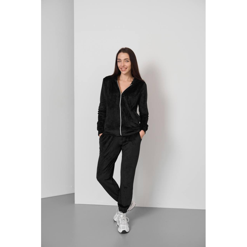 Жіночий велюровий костюм на змійці з капюшоном Чорний, S