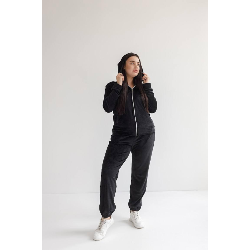 Жіночий велюровий костюм на змійці з капюшоном Чорний, XL