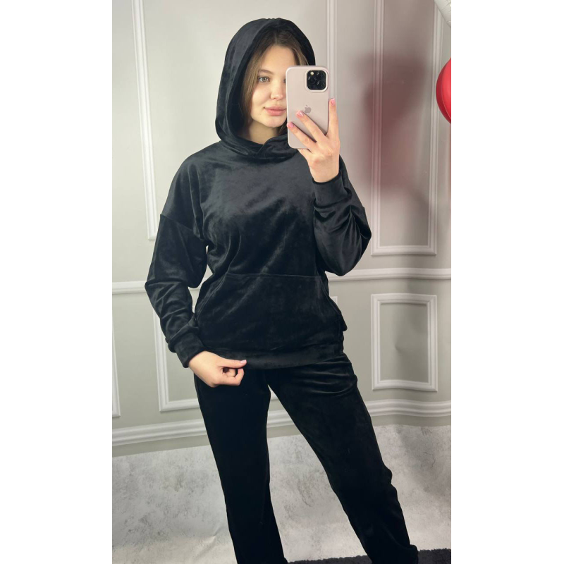 Жіночий велюровий костюм із капюшоном Чорний, XL