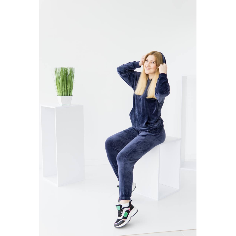 Жіночий велюровий костюм із капюшоном Синій, XS