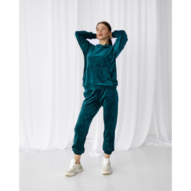 Жіночий велюровий костюм із капюшоном Смарагдовий, XL