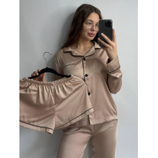 Комплект шовковий трійка сорочка з шортами та штанами Беж, XL