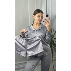 Комплект шовковий трійка сорочка з шортами та штанами Срібло, S