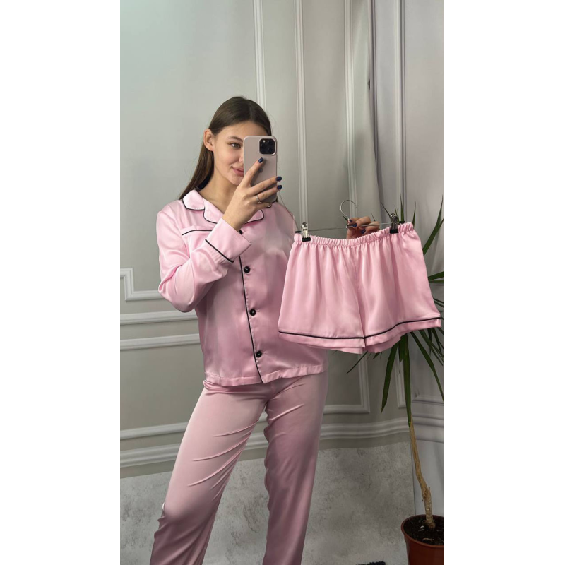 Комплект шовковий трійка сорочка з шортами та штанами Зефірний, S Комплект шовковий трійка сорочка з шортами та штанами Зефірний, S