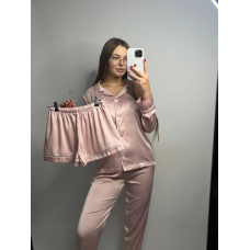 Комплект шовковий трійка сорочка з шортами та штанами Пудра, XL