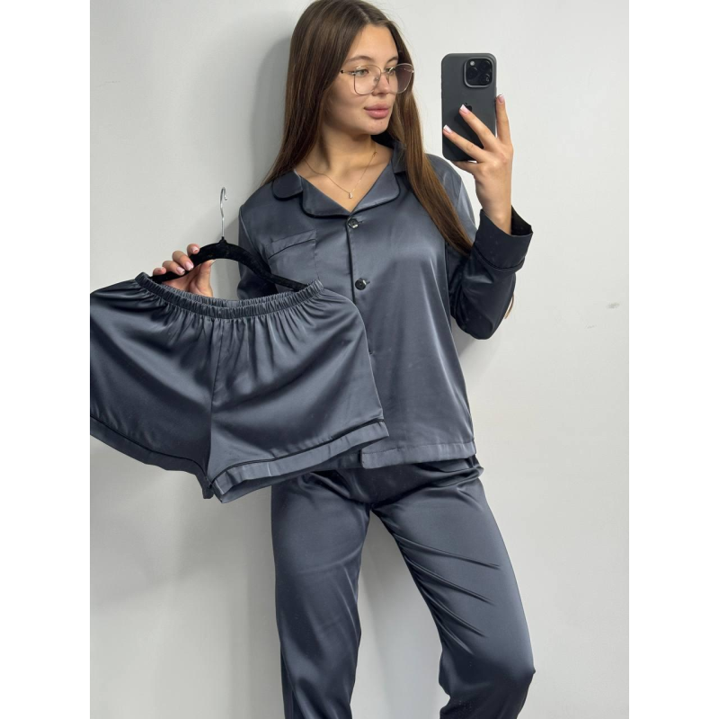 Комплект шовковий трійка сорочка з шортами та штанами Графит, M