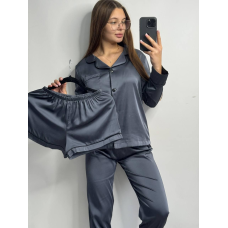 Комплект шовковий трійка сорочка з шортами та штанами Графит, L