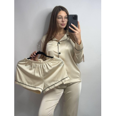 Комплект шовковий трійка сорочка з шортами та штанами Молочний, L