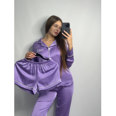 Комплект шовковий трійка сорочка з шортами та штанами Лаванда, S