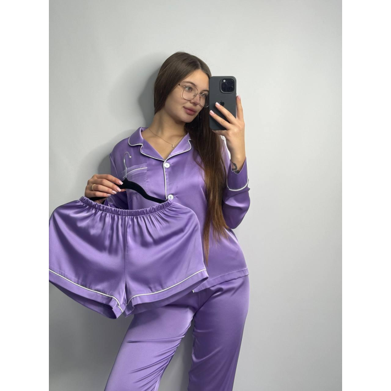 Комплект шовковий трійка сорочка з шортами та штанами Лаванда, S