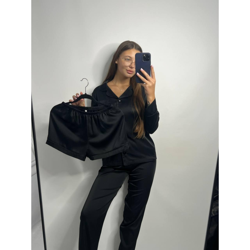 Комплект шовковий трійка сорочка з шортами та штанами Чорний ч/к, M Комплект шовковий трійка сорочка з шортами та штанами Чорний ч/к, M