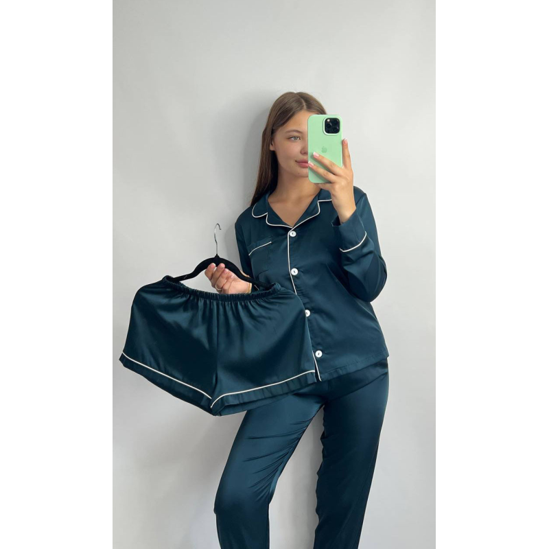 Комплект шовковий трійка сорочка з шортами та штанами Темно-смарагдовий, XL Комплект шовковий трійка сорочка з шортами та штанами Темно-смарагдовий, XL