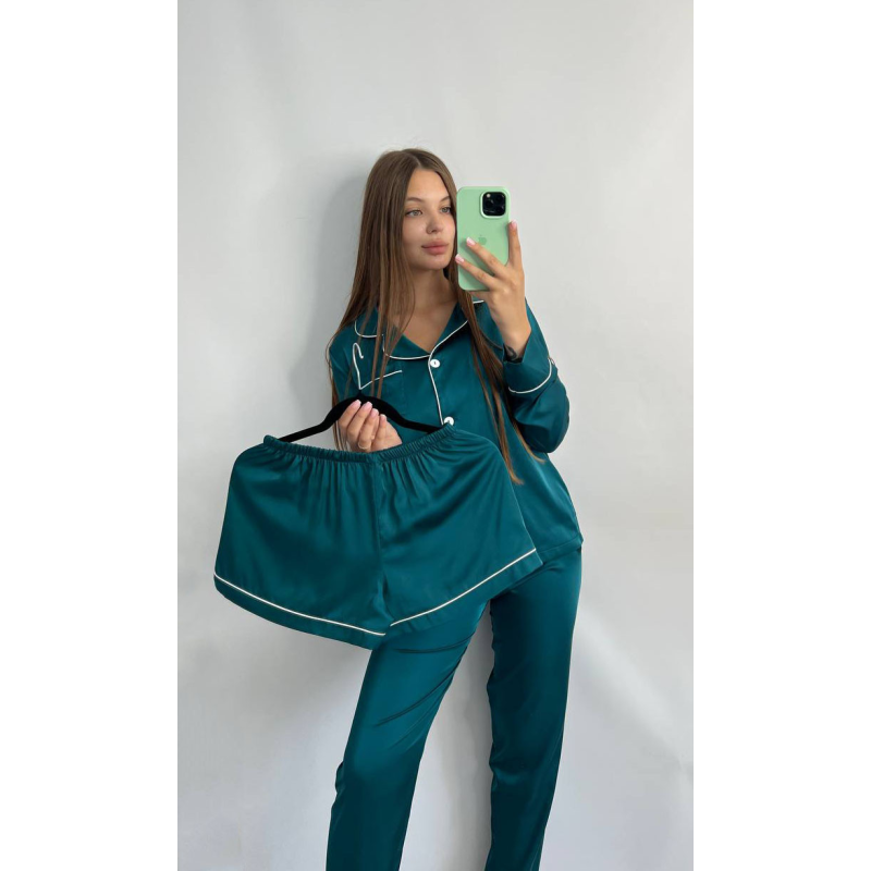 Комплект шовковий трійка сорочка з шортами та штанами Темно-бірюзовий, L Комплект шовковий трійка сорочка з шортами та штанами Темно-бірюзовий, L