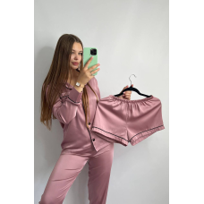 Комплект шовковий трійка сорочка з шортами та штанами Темна пудра, XL
