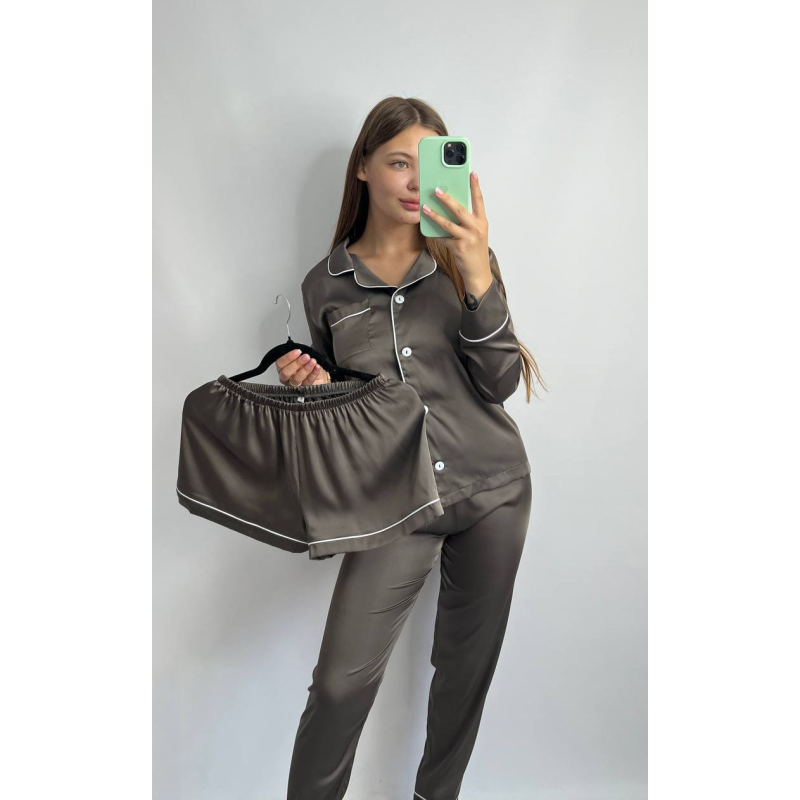 Комплект шовковий трійка сорочка з шортами та штанами Бронза, XL