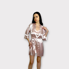 Жіноча атласна нічна сорочка з халатом пудра L