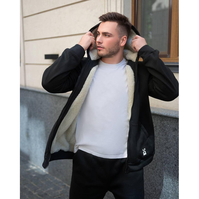 Чоловічий теплий зимовий спортивний костюм на хутрі 48/50, Чорний