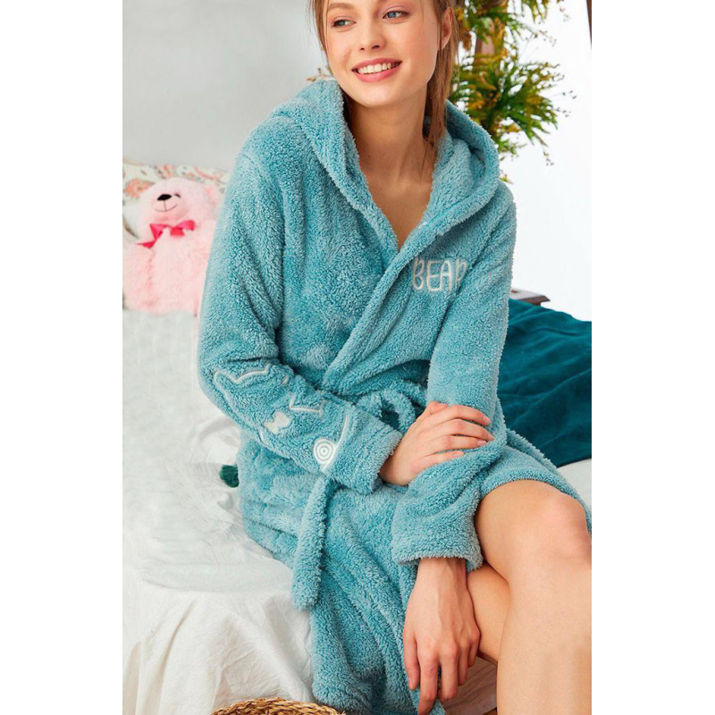 Махровий халат жіночий із капюшоном Бірюзовий, XL