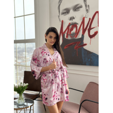 Халат жіночий шовковий під пояс Квітковий принт XS/S Рожевий