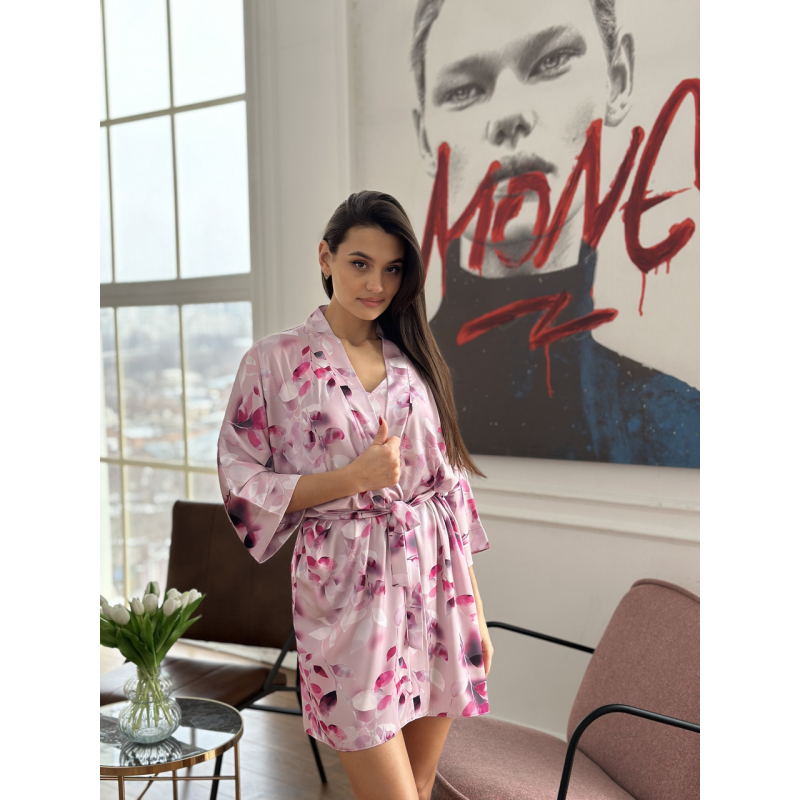 Халат жіночий шовковий під пояс Рожевий, M\L