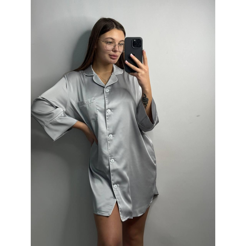 Жіноча нічна сорочка подовжена шовкова. L, Срібний