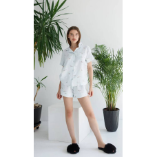 Піжама жіноча муслінова шорти та сорочка, M, Сіро-блакитна