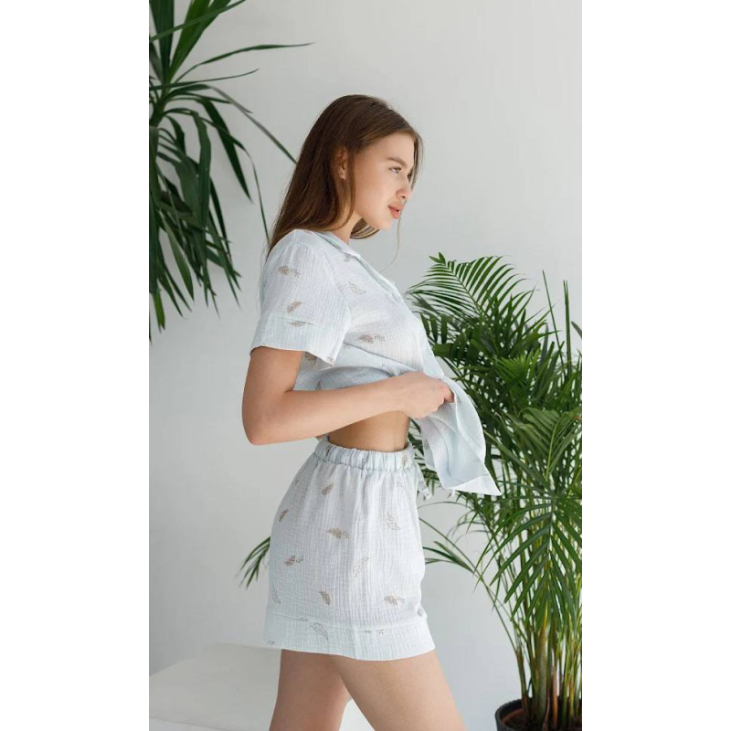 Піжама жіноча муслінова шорти та сорочка, L, Сіро-блакитна