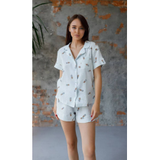 Піжама жіноча муслінова шорти та сорочка, S, Ананас, Блакитний