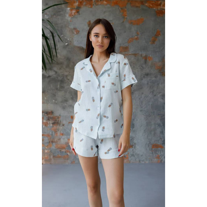 Піжама жіноча муслінова шорти та сорочка, S, Ананас, Блакитний
