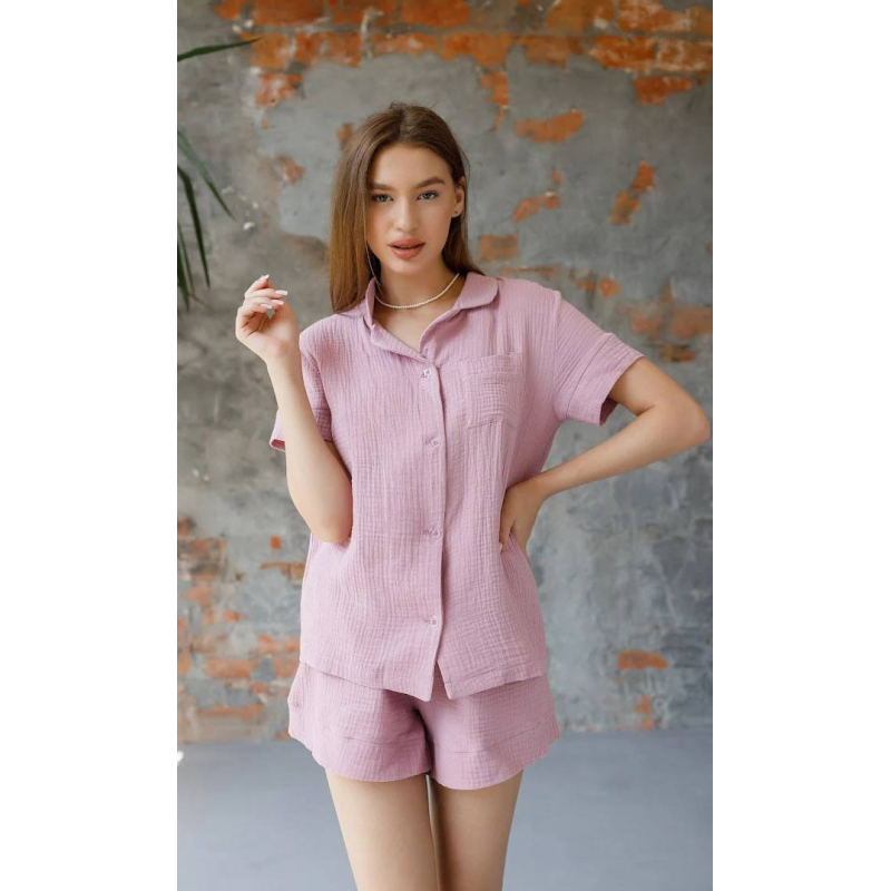Піжама жіноча муслінова шорти та сорочка, S, Темно-рожевий
