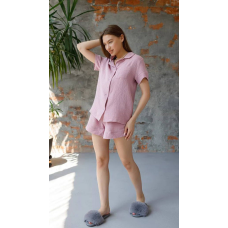 Піжама жіноча муслінова шорти та сорочка, L, Темно-рожевий