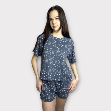 Жіноча піжама з шортами бавовна Рожеві котики, Сірий, M/L