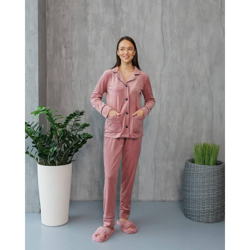 Костюм з плюшевого велюру на ґудзиках із двома кишенями. S, Рожева пудра Костюм з плюшевого велюру на ґудзиках із двома кишенями. S, Рожева пудра