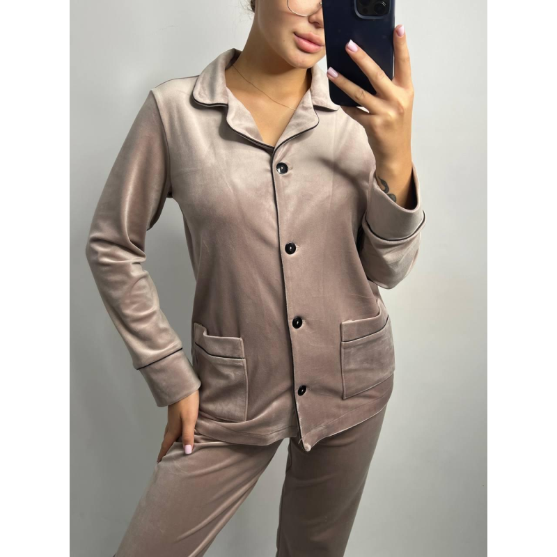 Костюм з плюшевого велюру на ґудзиках із двома кишенями. M, Мокко