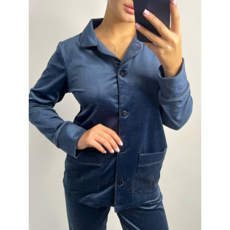 Костюм з плюшевого велюру на ґудзиках із двома кишенями. M, Синій Костюм з плюшевого велюру на ґудзиках із двома кишенями. M, Синій