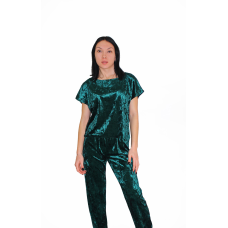 Жіночий домашній костюм, футболка + штани з мармурового велюру Зелений, M