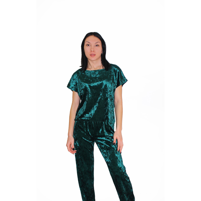 Жіночий домашній костюм, футболка + штани з мармурового велюру Зелений, M