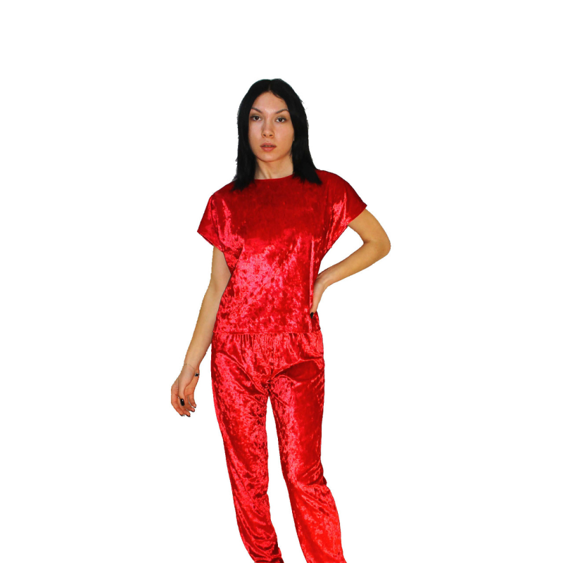 Жіночий домашній костюм, футболка + штани з мармурового велюру Червоний, M