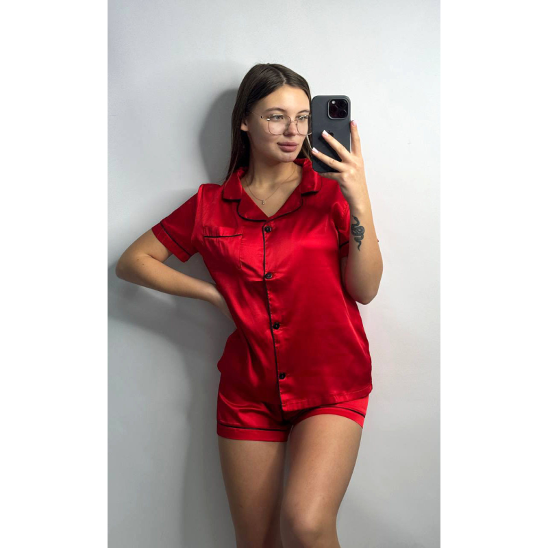 Червона шовкова піжама з шортами Червоний ч/к, S