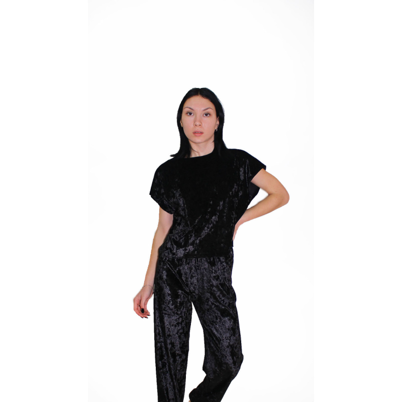 Жіночий домашній костюм, футболка + штани з мармурового велюру чорний, L