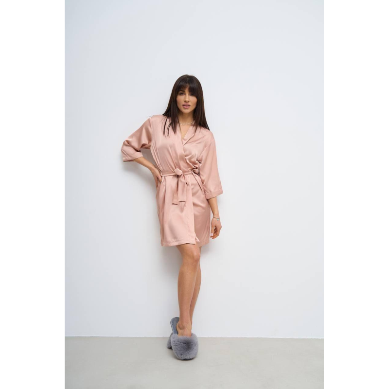 Халат жіночий шовковий під пояс довжина 90см Бежевий, XS/S