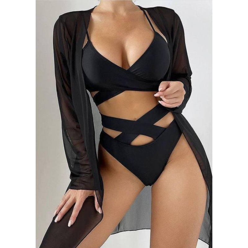 Жіночий купальник трійка з накидкою Чорний L