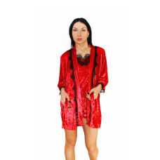 Велюровий халат із мереживом  Червоний, XL/XXL