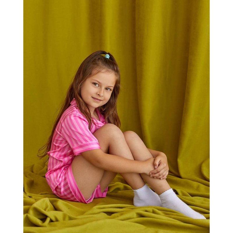 Дитяча піжамка із сатину шорти з сорочкою, Рожева смужка, 154-158