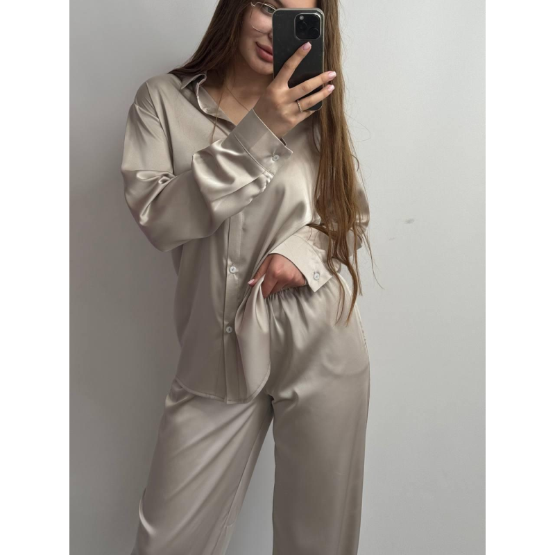 Жіночий шовковий костюм із штанами Беж, M/L