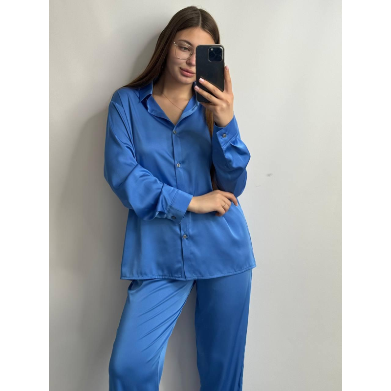 Жіночий шовковий костюм із штанами Синій, XS-S