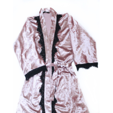 Халат жіночий із мармурового велюру під пояс. темна пудра, M/L
